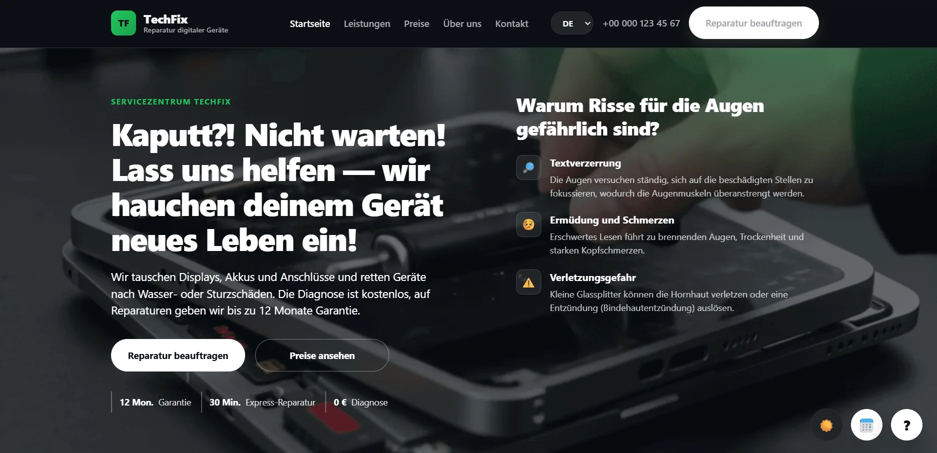 Reparatur für Laptops und Gadgets Website Projekt